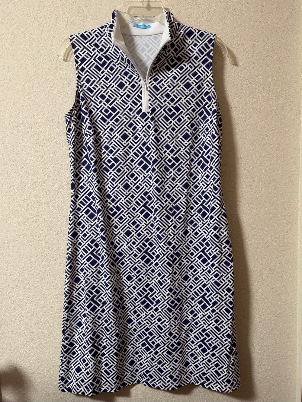 J. McLaughlin Blue and White Stretchy Polo Collar Quarter Zip Sleeveless Dress